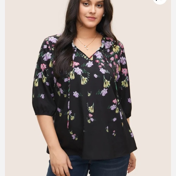 BloomChic Plus Size Boho Print Tie Neck Frill Trim Blouse - Picture 1 of 6